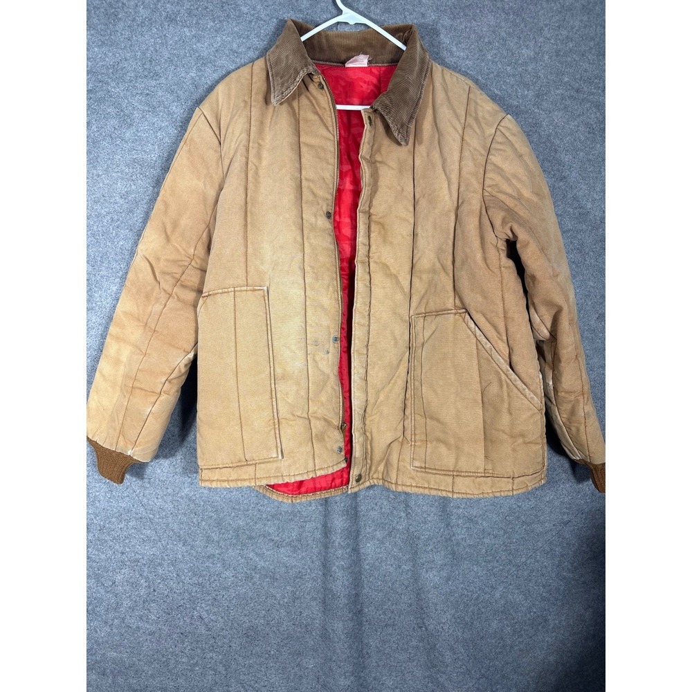 Vintage Walls Duck Canvas Work Jacket Tan Corduroy Collar Quilted Red Lined